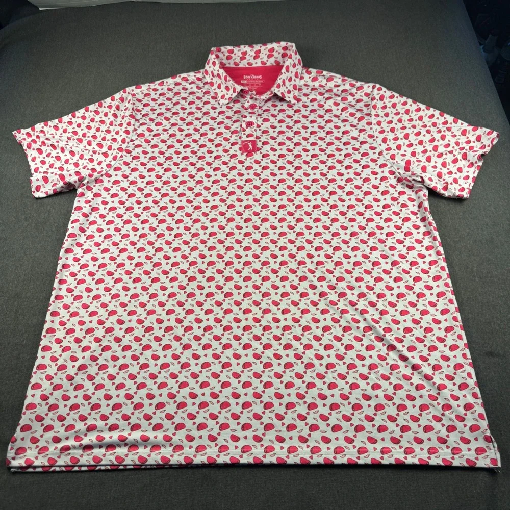 Bogey Bros Golf Co Mens XXL Taco Chili Pepper Print Performance Polo Shirt Pink - Picture 2 of 11